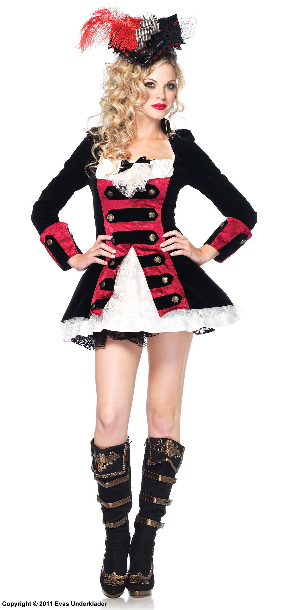 Kvinnelig piratkaptein, kostyme-kjole, blonder, knapper, fløyel